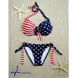 STARS & STRIPES TIE FRONT HALTER TOP BIKINI
